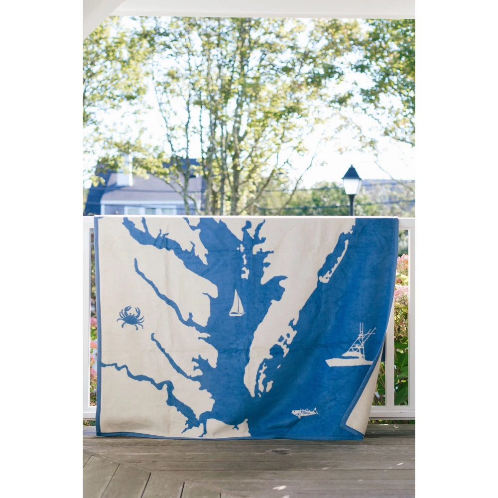 Chesapeake Bay Map Blanket showing on display on porch setting.