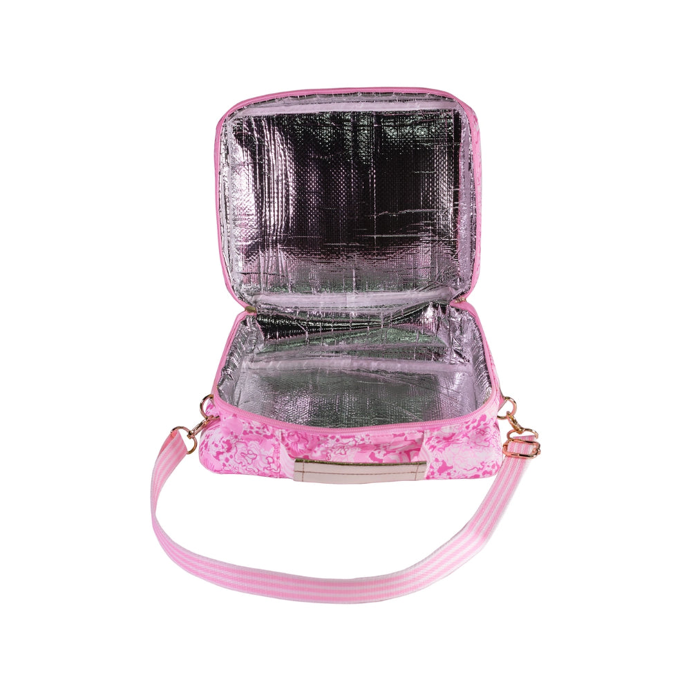 A photo of the interior of a pink floral patterned lunch bag with a matching crossbody strap and handle with silver interior on a white background.