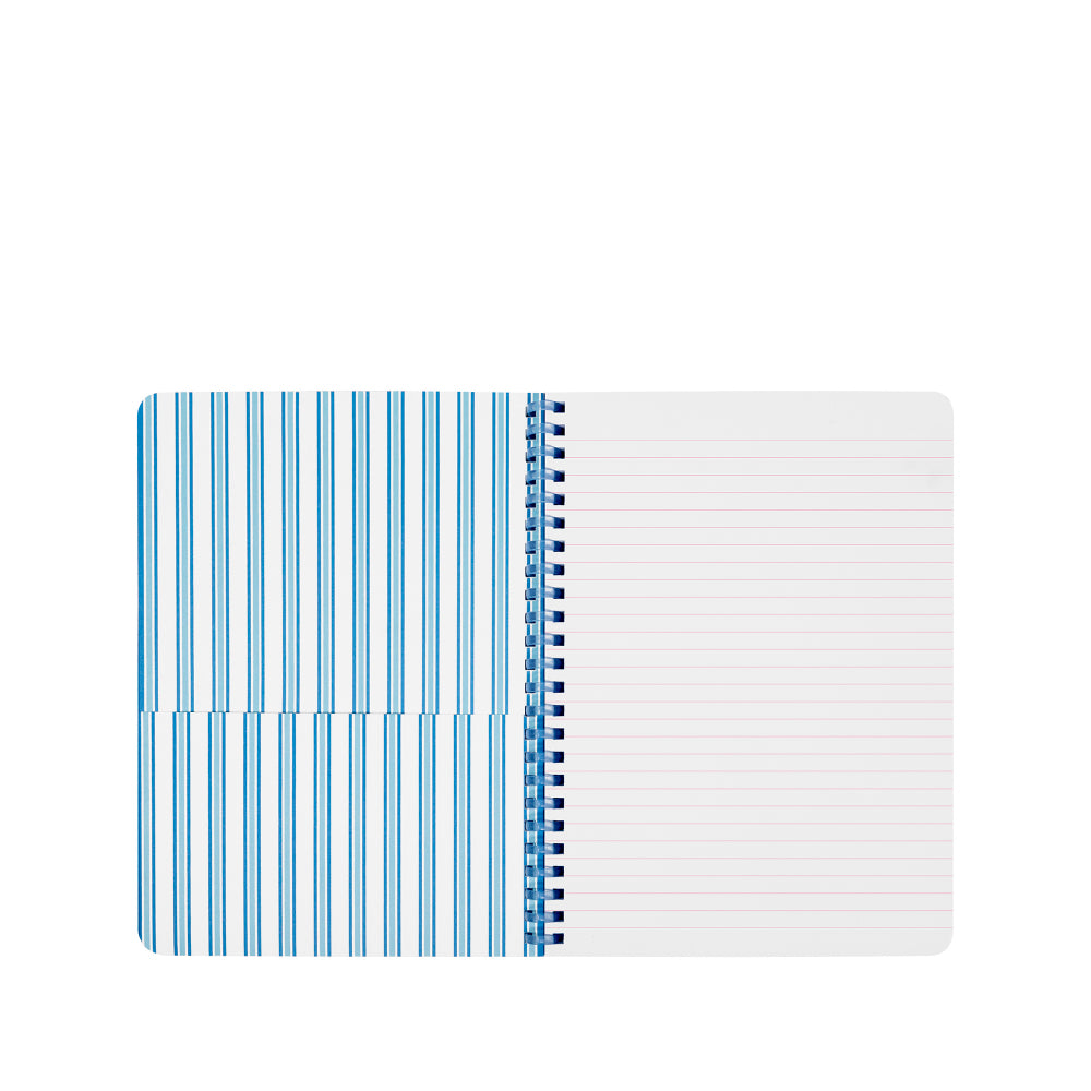 A spiral-bound notebook shown open against a plain white background. The left cover has vertical blue stripes, and the right page is white with faint horizontal lines.