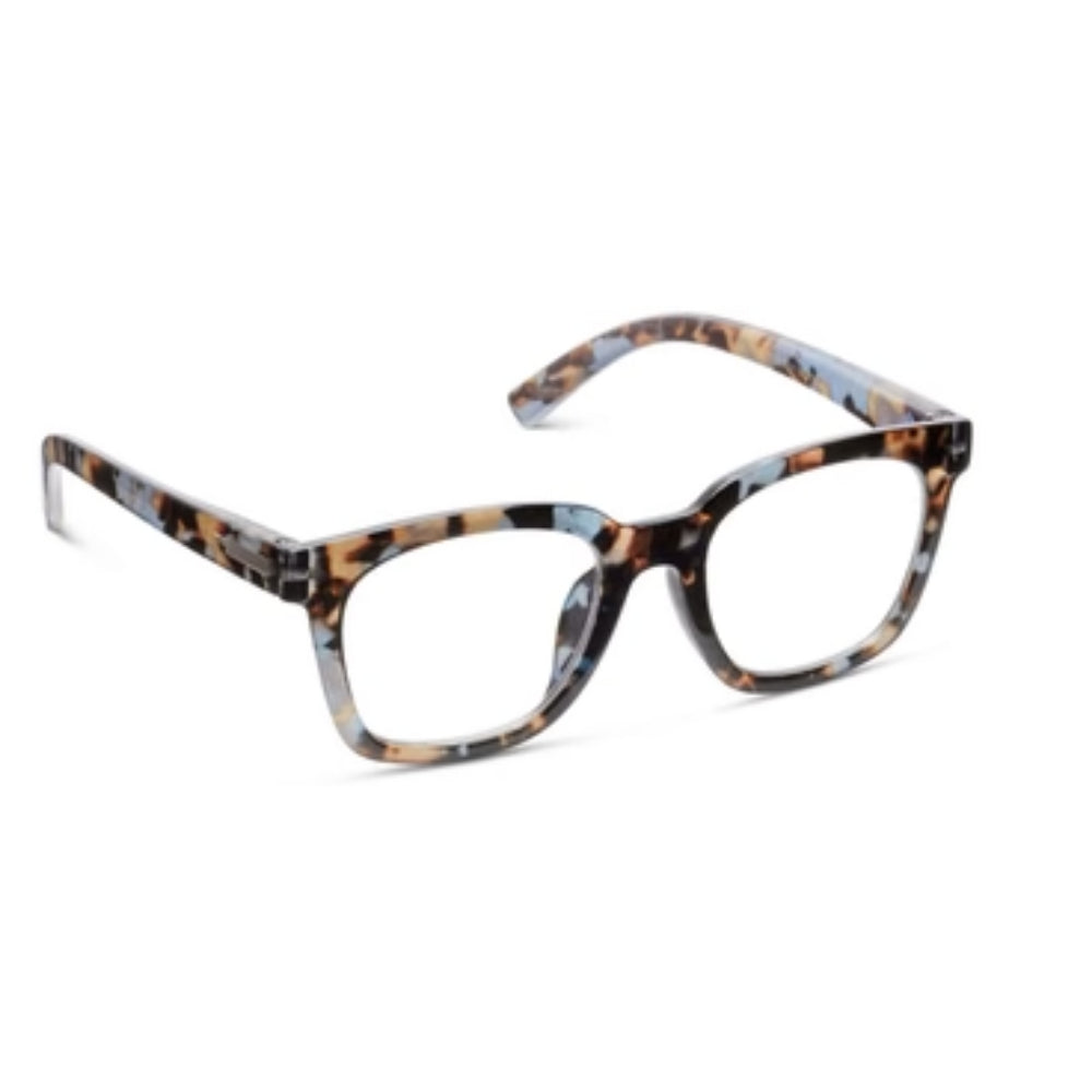 A pair of blue quartz reading glasses on a white background.
