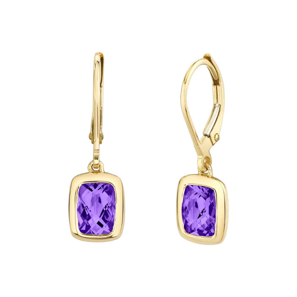 Yellow Gold Bezel Amethyst Leverback Drop Earrings