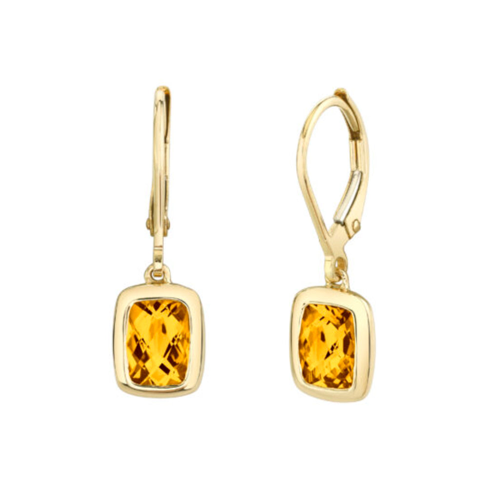 Yellow Gold Bezel Citrine Leverback Drop Earrings