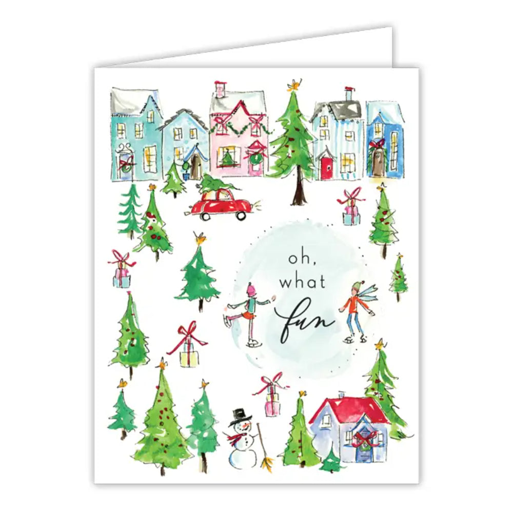 RosanneBeck Collections Oh What Fun Handpainted Snow Village Greeting Card