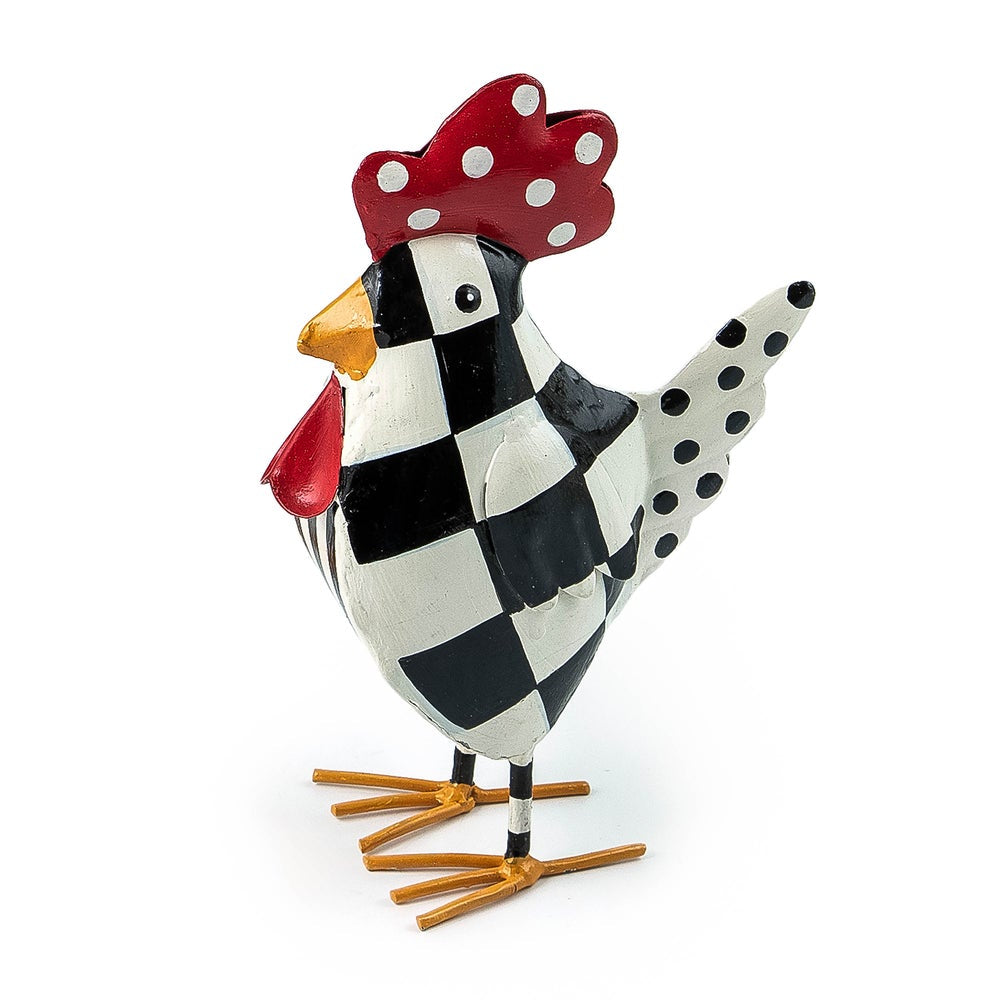 Decorative rooster figurine with checkered pattern on a white background