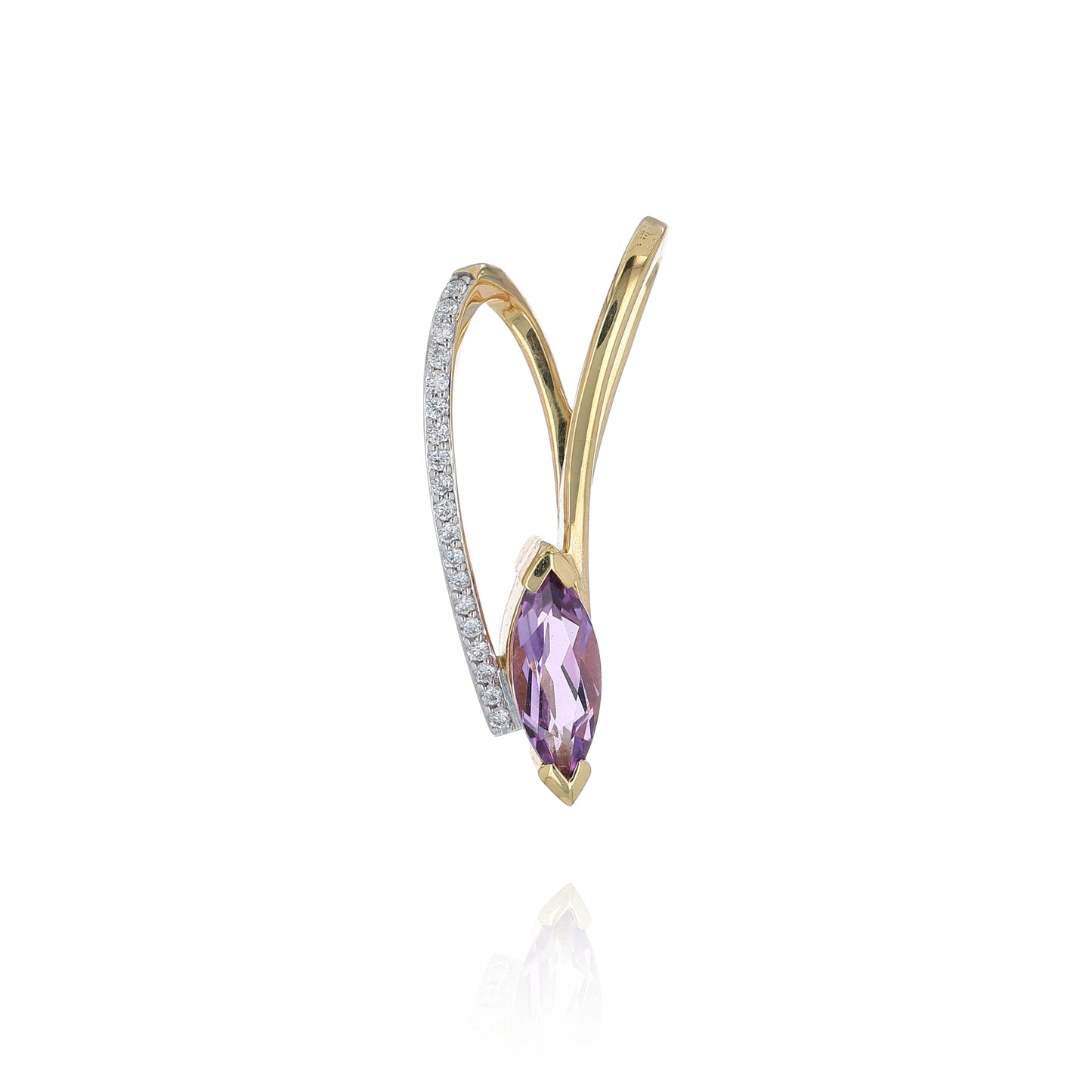 Yellow gold diamond and amethyst pendant on a white background