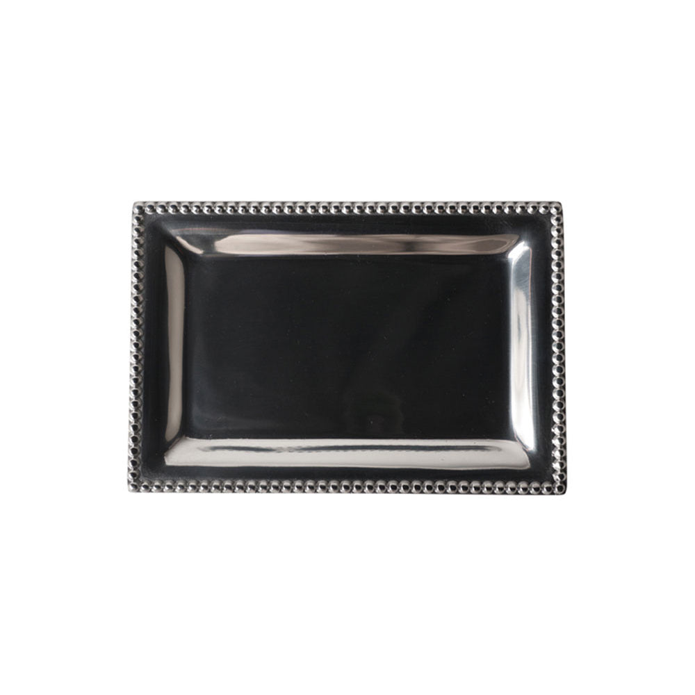 Vanity rectangular silver tray with decorative beaded edge on a white background.