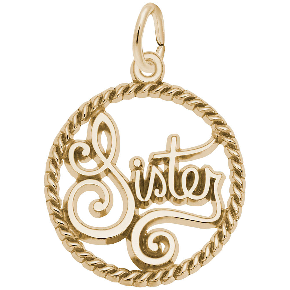 Gold 'Sister' rope circle charm on a white background