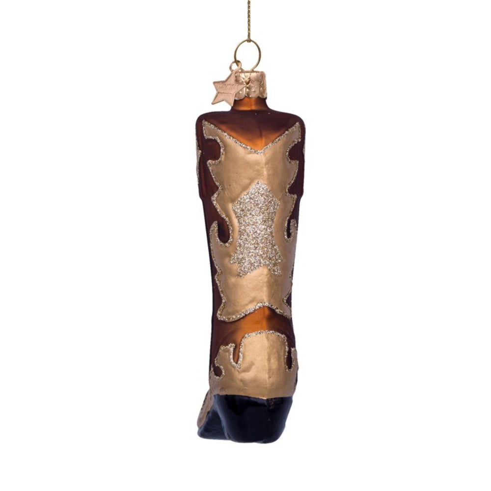 Decorative boot ornament with glittery pattern on a white background