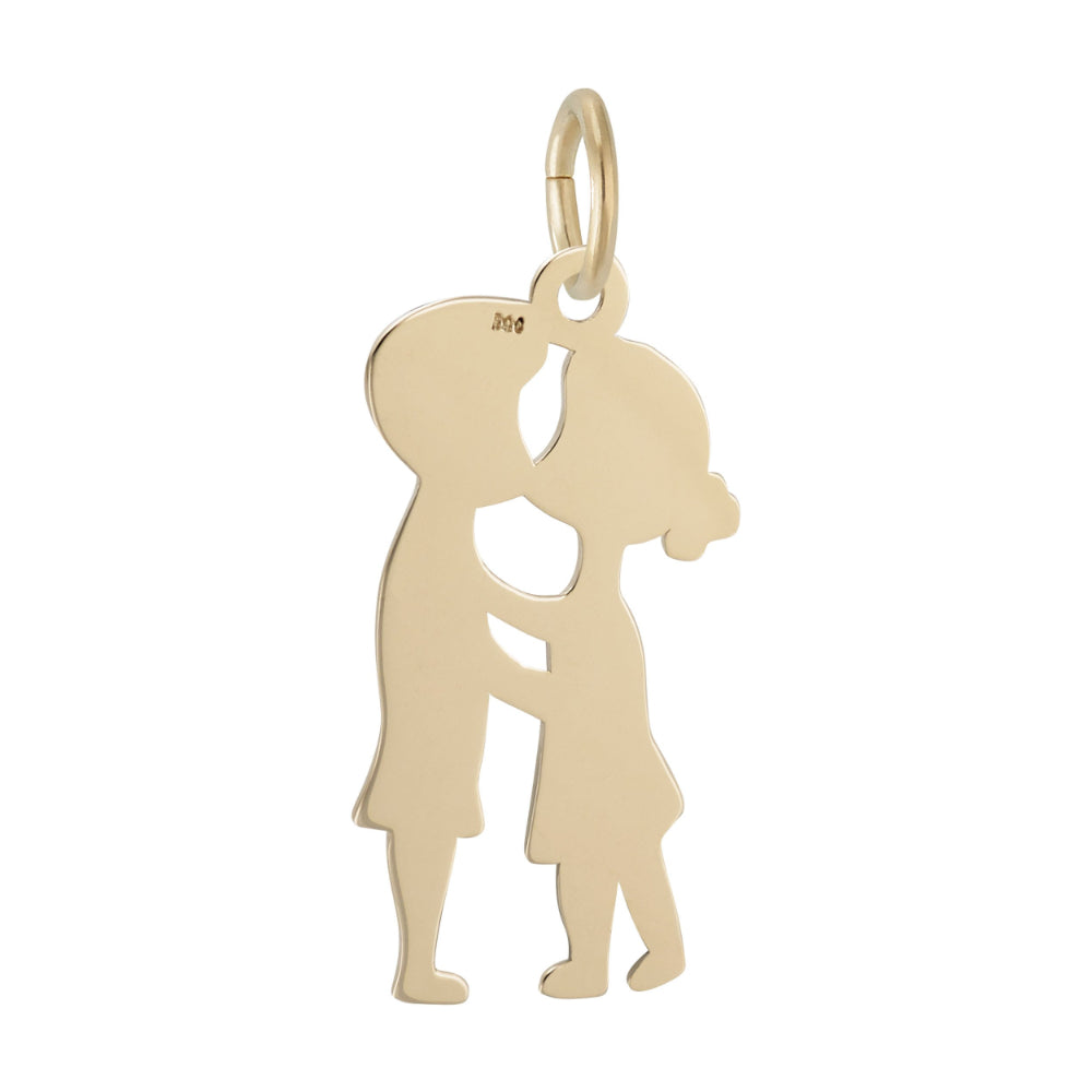 Back of gold couple kissing silhouette charm on a white background