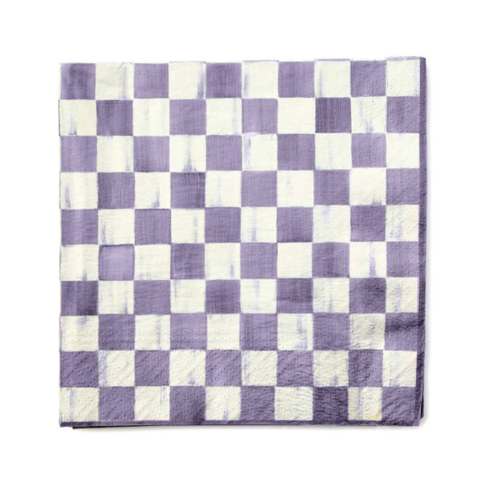 A square white paper napkin with a purple and white checkered pattern, displayed flat against a plain white background.