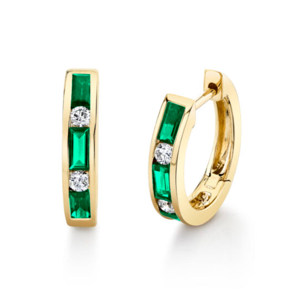 Yellow Gold hoop earring with alternating emerald baguette and round diamond 3 emeralds and 2 diamonds in each earring