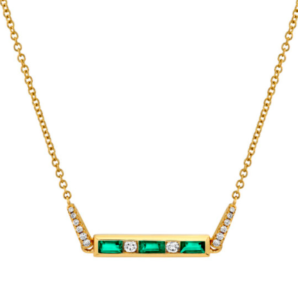 Yellow Gold Bar Pendant with alternating 3 emerald baguettes and 2 round diamonds on a yellow gold chain in 16-18 inch length