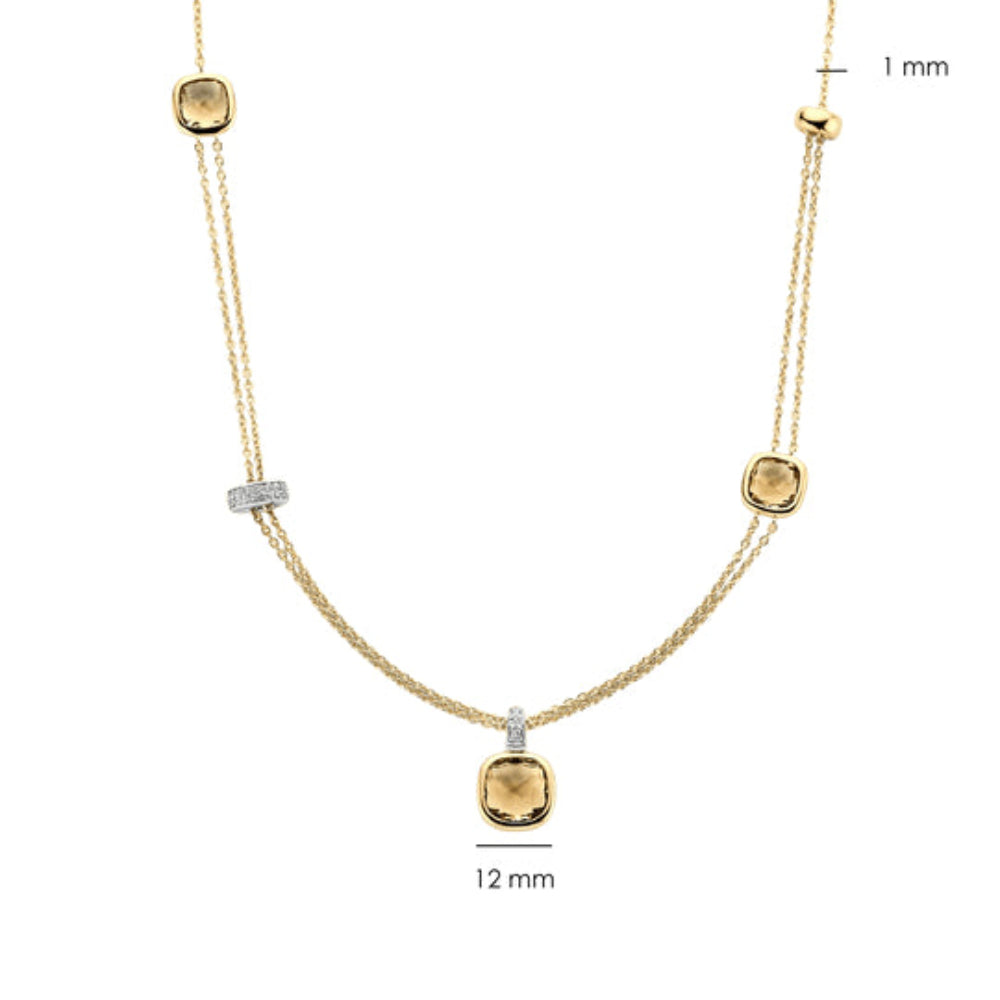 Gold necklace with a layered design, featuring a central cushion-cut yellow gemstone pendant, smaller matching stones at the chain's end, a small diamond-accented bar, and measurement markers showing 12 mm and 1 mm.