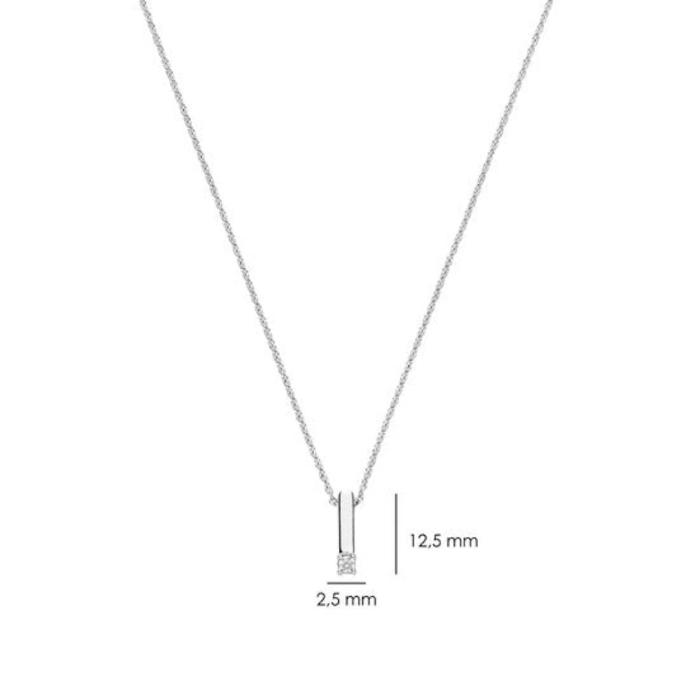 A silver necklace with a slim vertical pendant on a chain, shown on a white background with dimension labels indicating 2.5 mm width and 12.