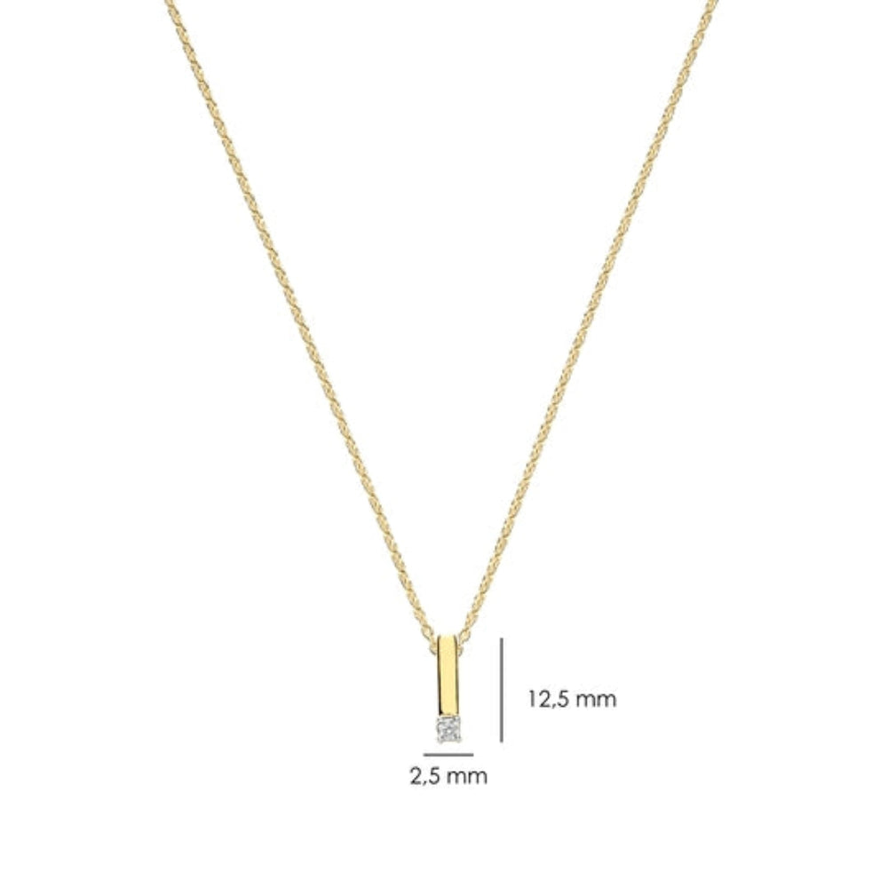 A gold necklace with a slim vertical bar pendant featuring a small clear stone at the bottom, shown on a white background with dimension labels indicating 12.5 mm height and 2.