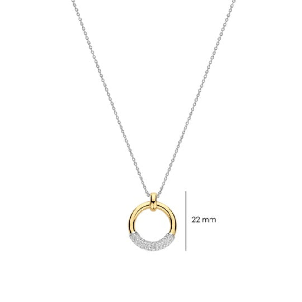 Gold and silver pendant necklace with a semi-circular design, featuring a gold top half, a silver bottom half paved with small clear stones, shown on a white background with a 22 mm size indicator.