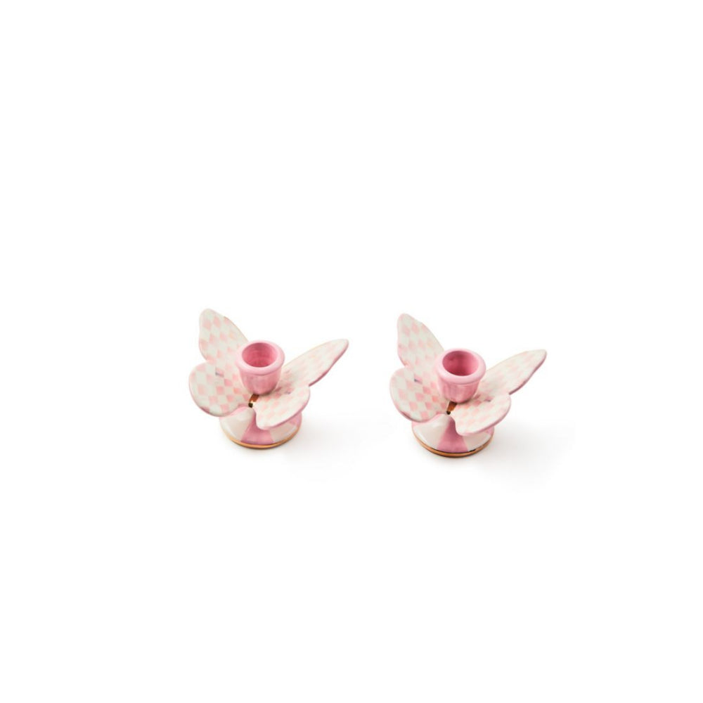Mackenzie-Childs Rosy Check Butterfly Candle Holders, Set of 2