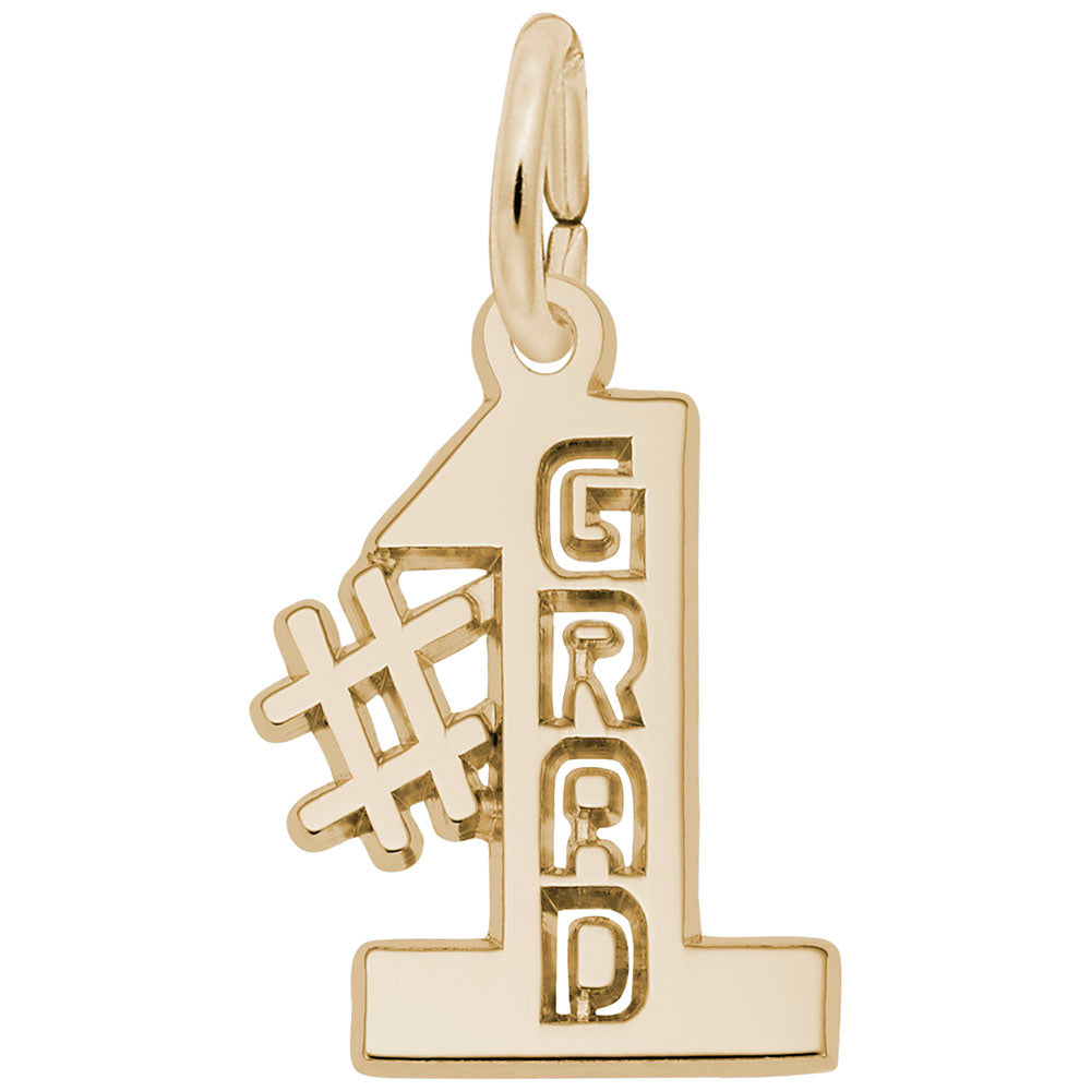 Gold '#1 Grad' charm on a white background