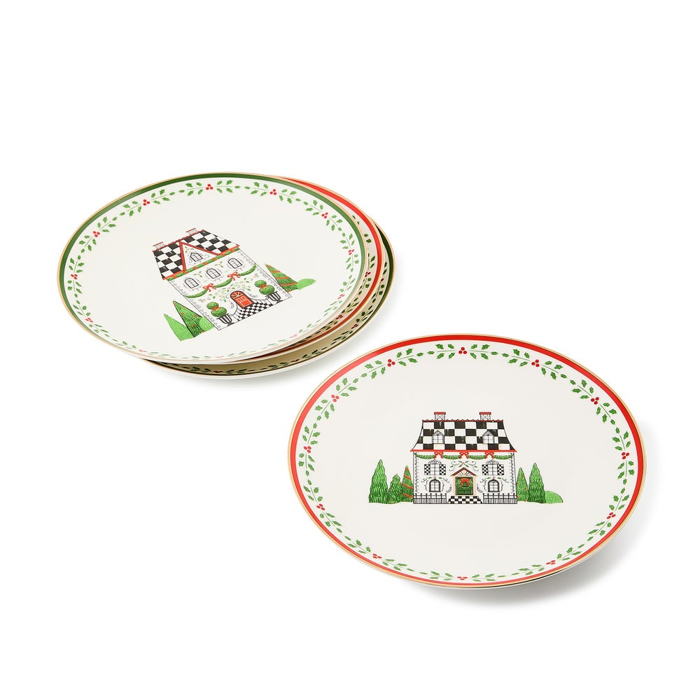 MacKenzie-Childs Holly Village Ceramic Dessert Plates - Set of 4