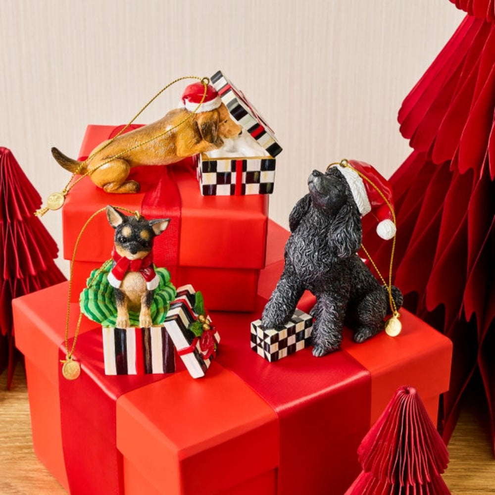 Three dog christmas ornaments styled on red gift boxes, one tan dog in a doorway and one black dog sitting beside a gift, both wearing Santa hats and surrounded by red holiday decorations.
