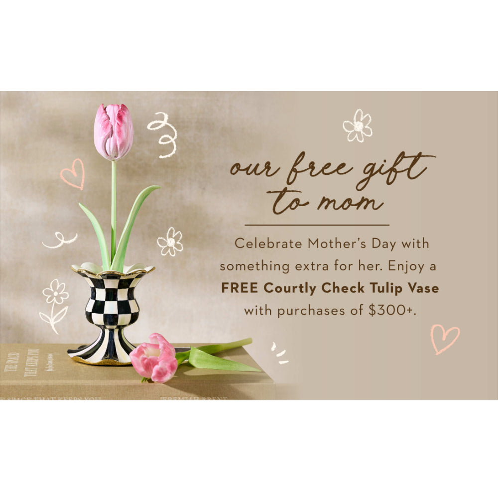 Promotional graphic for a free Courtly Check Tulip Vase with pink tulips on a beige background.