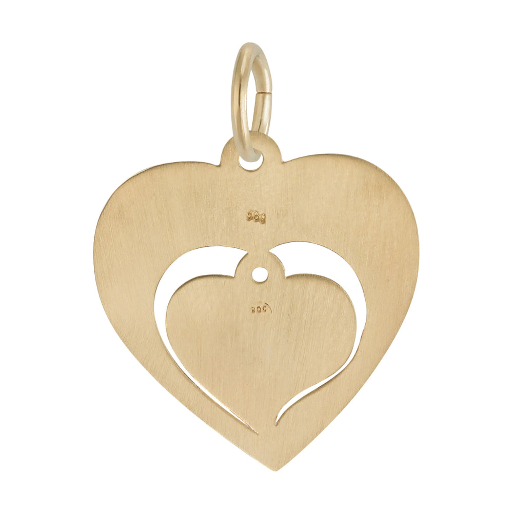 Gold heart-shaped charm with a smaller heart cutout on a white background