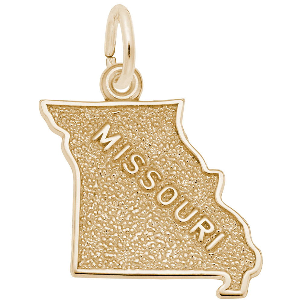 Gold charm shaped like the state of Missouri with "MISSOURI" text, shown on a white background