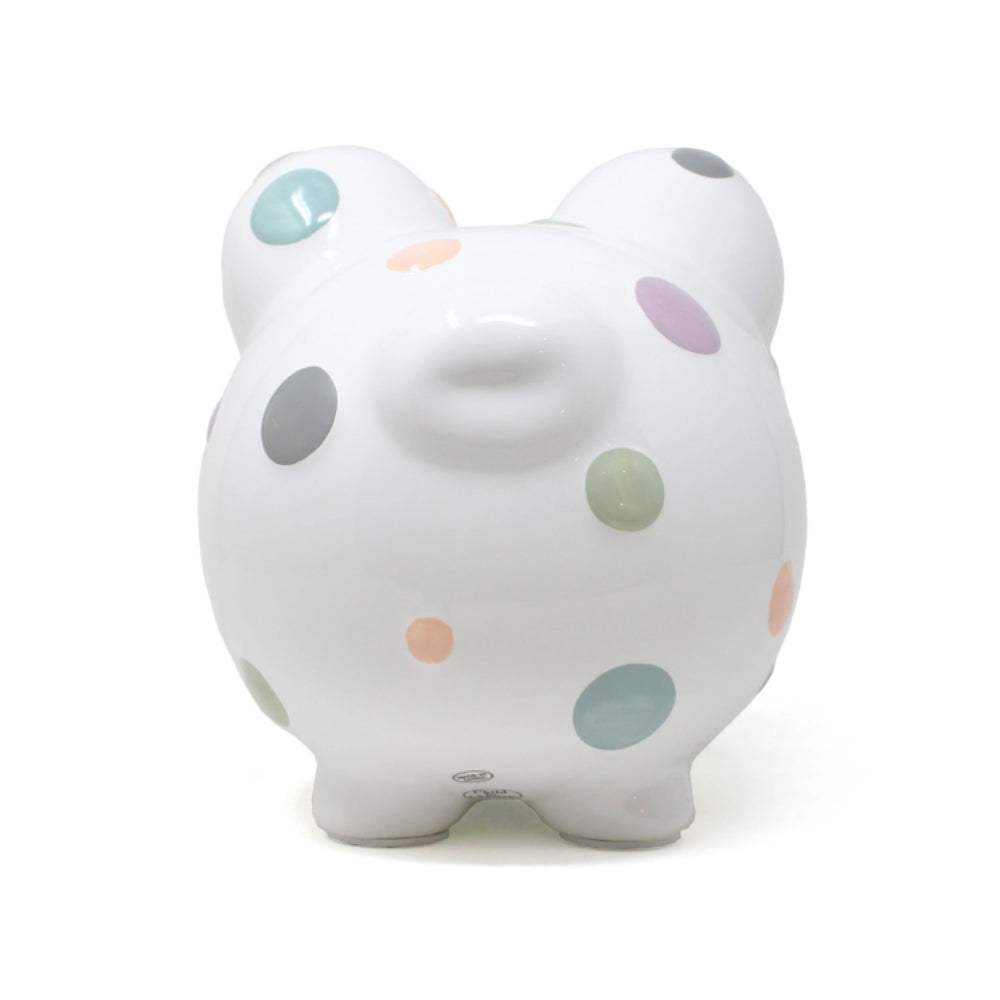 Back side photo of a white piggy bank with colorful polka dots on a white background