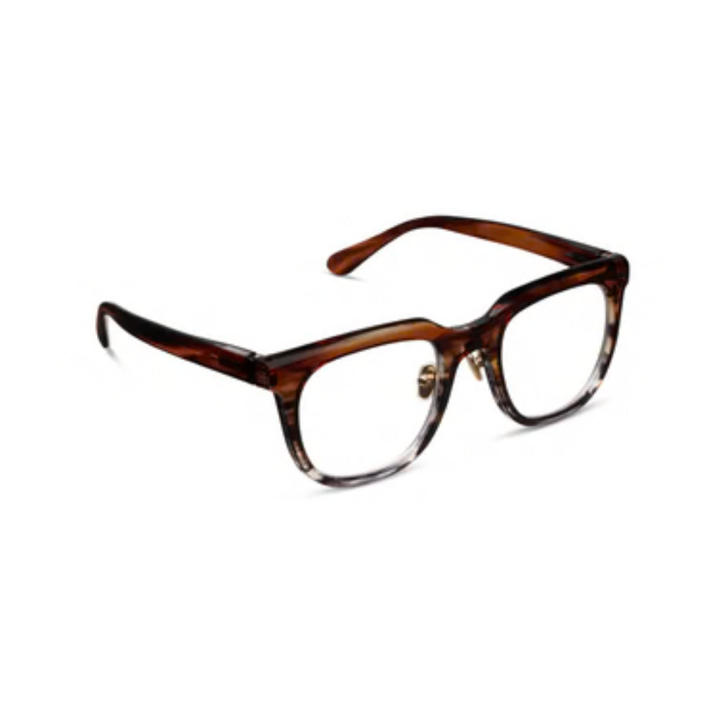 A pair of brown reading glasses on a white background.