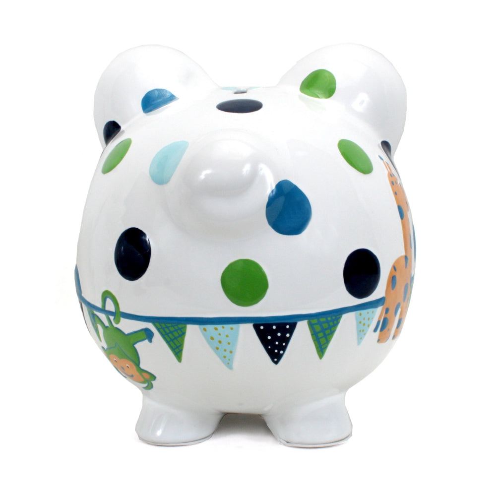 Piggy bank with colorful polka dots and patterns on a white background