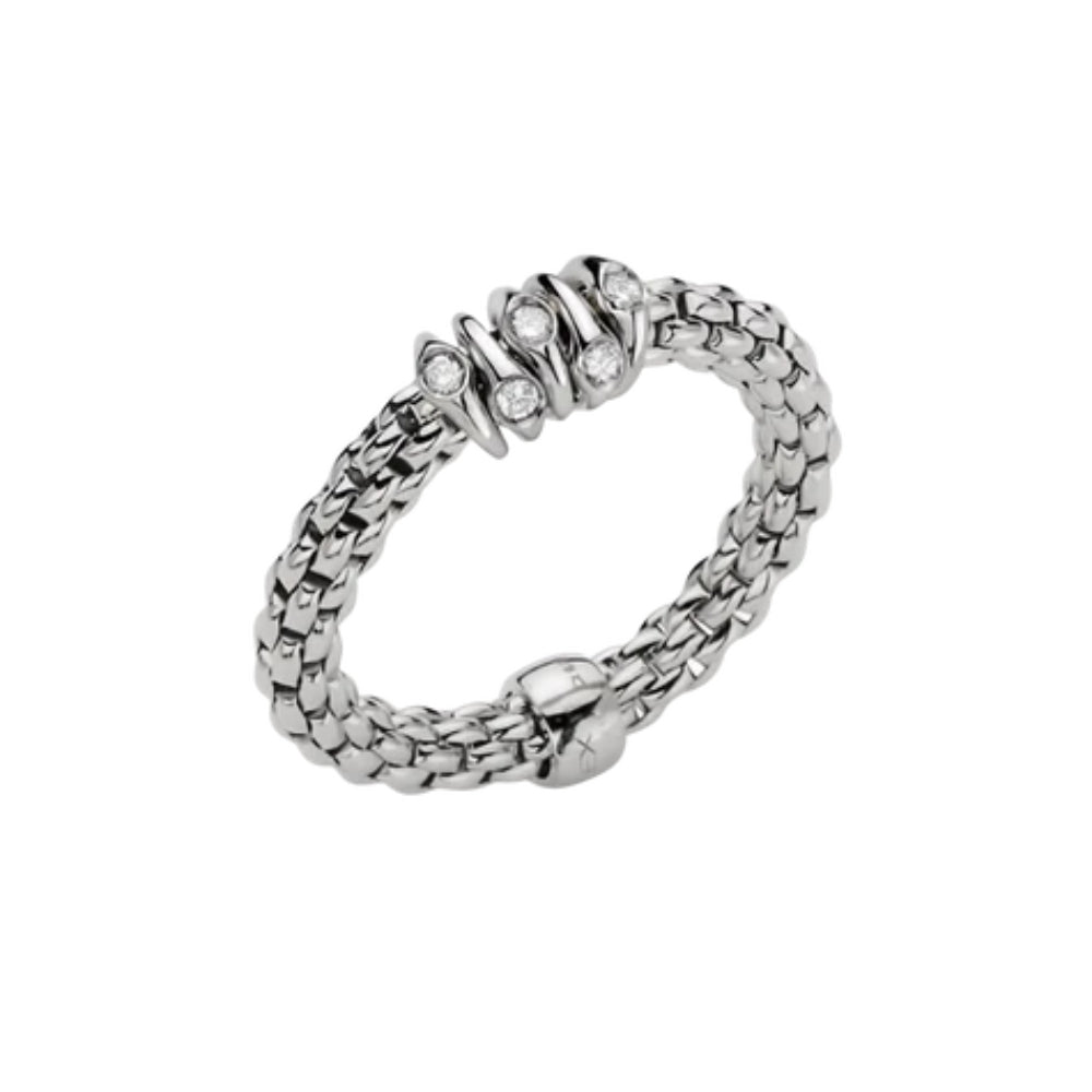A silver-toned snake chain ring with three small clear gemstones set into the front, displayed on a clean white background.