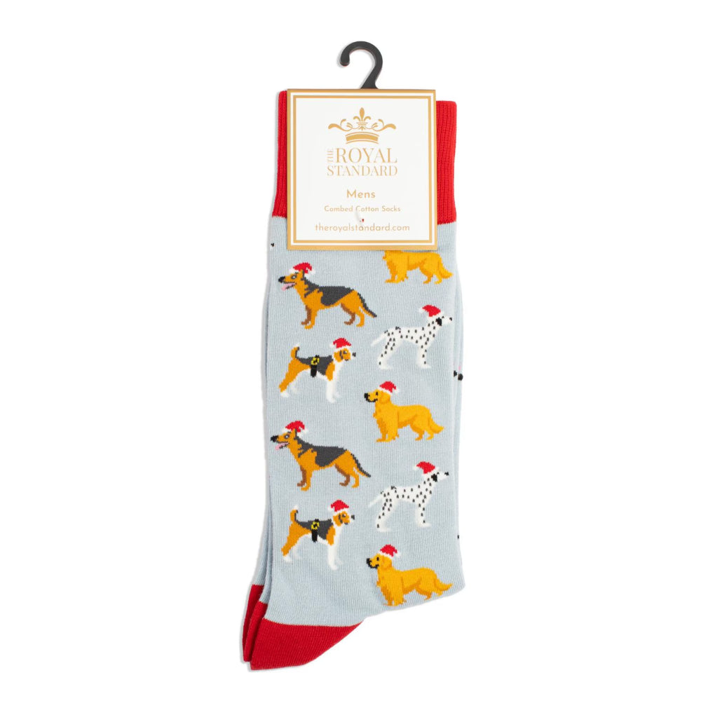 A pair of light blue crew socks with red heels and toes, featuring a pattern of various dog breeds wearing red Santa hats, hanging from a black hanger with a white and gold Royal Standard brand label.