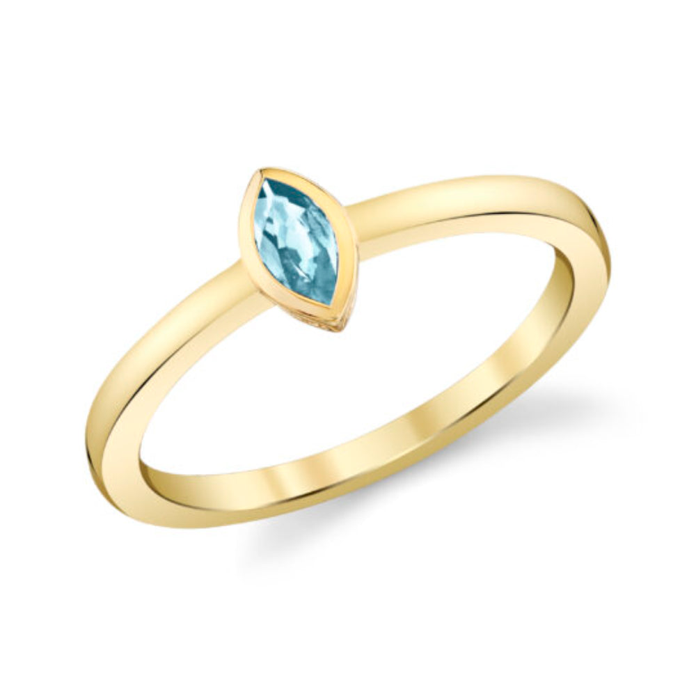 Yellow Gold Marquee Bezel Set Aquamarine Ring Smooth Shank
