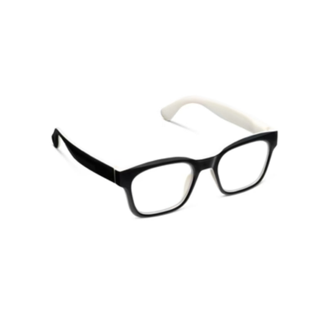 Peepers Black/Fog Reading Glasses on white background.