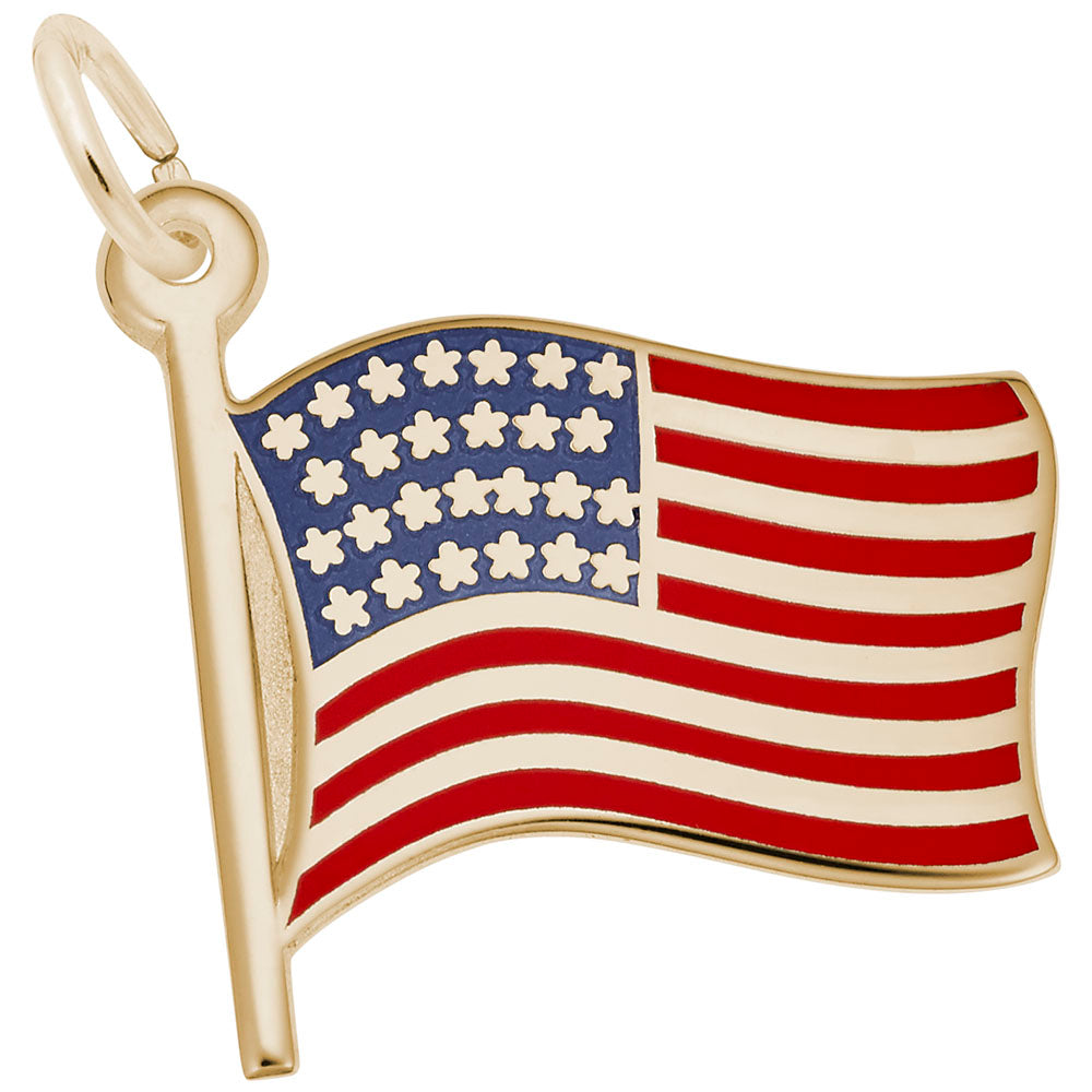 Gold charm in the shape of an American flag on a white background