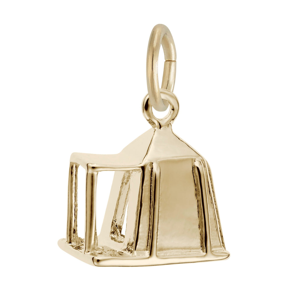 A gold charm shaped like a small tent, shown on a plain white background.