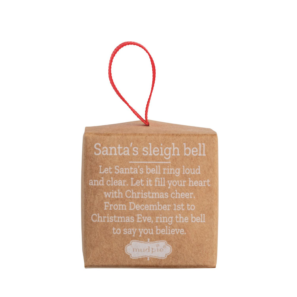 A square kraft paper Christmas ornament shaped like a sleigh bell with a red hanging loop and white printed text reading 'Santa's sleigh bell' and a poem, shown on a plain white background.