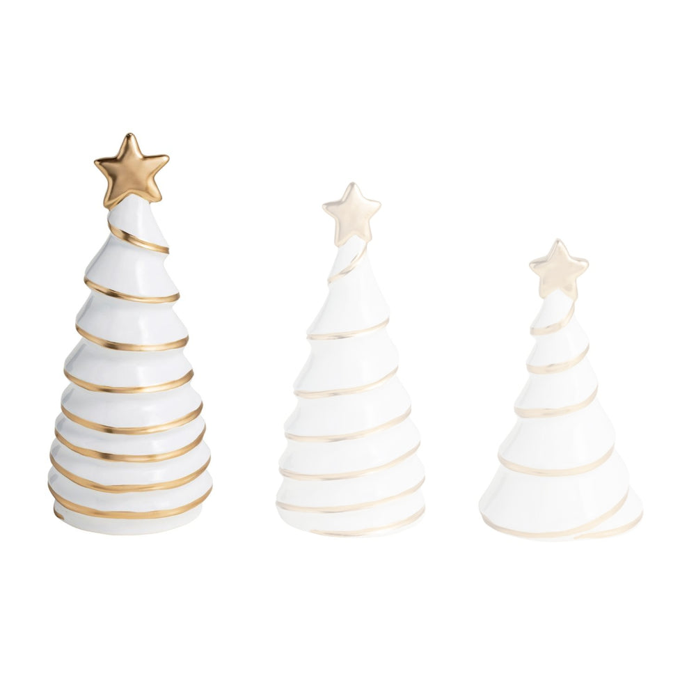 Large white christmas tree with gold accents on a white background.