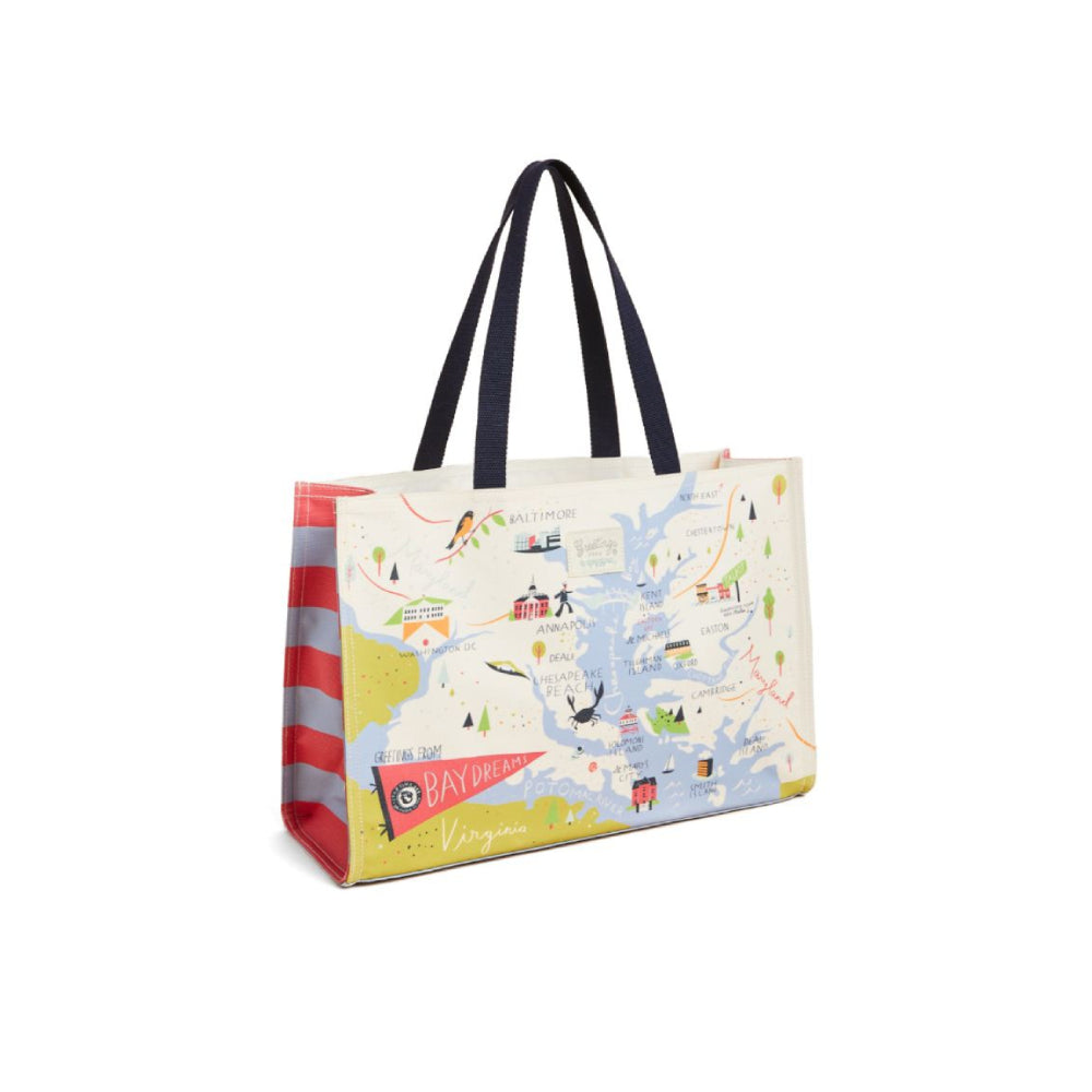 Tote bag with a colorful design of the chesapeake bay on a white background.