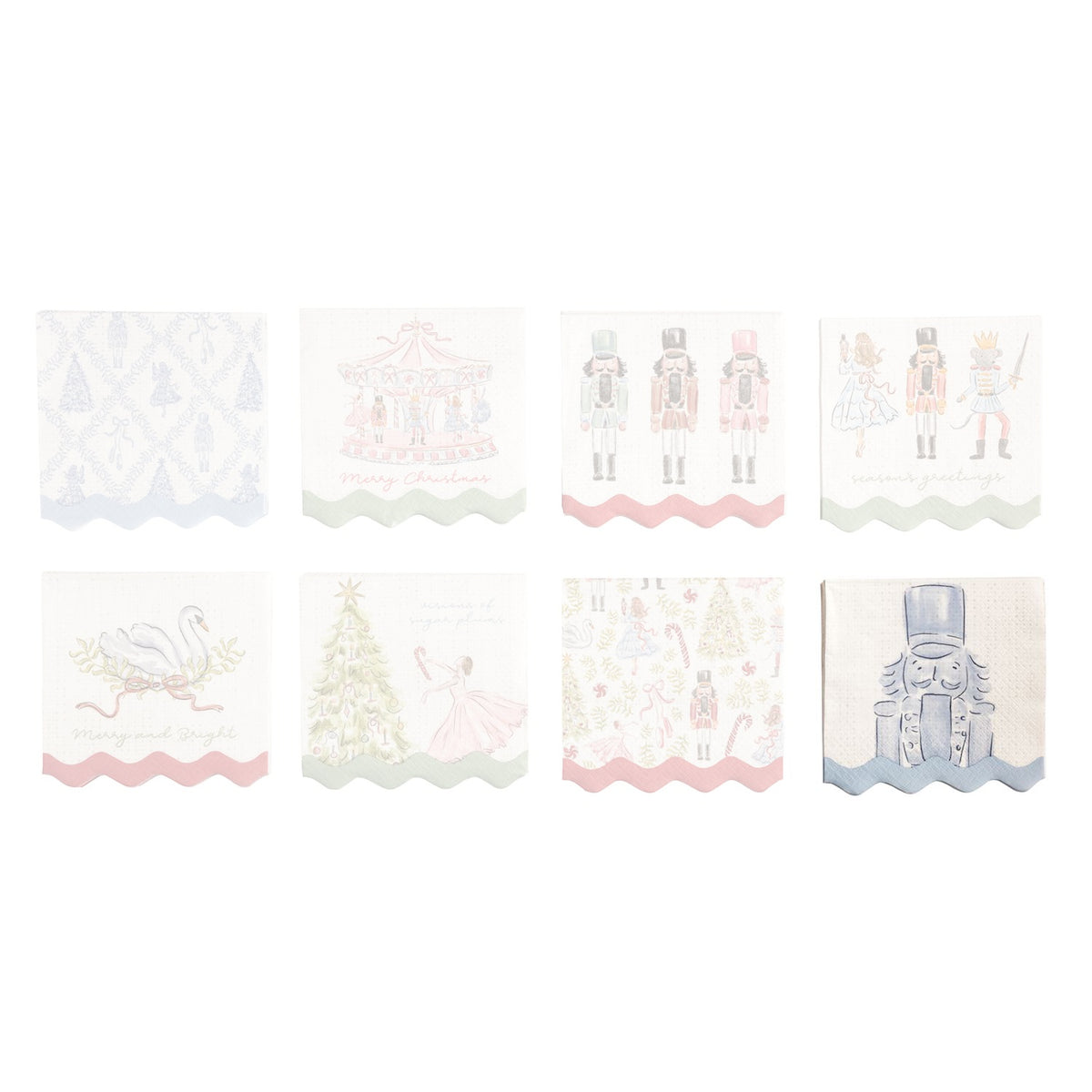 Eight square napkins with scalloped edges arranged in a 2x4 grid on a white background. Each napkin features a delicate pastel Christmas illustration, including nutcrackers, a carousel, a swan, a Christmas tree, ornaments, and a nutcracker, in soft pastel colors like pink, blue, green, and beige.