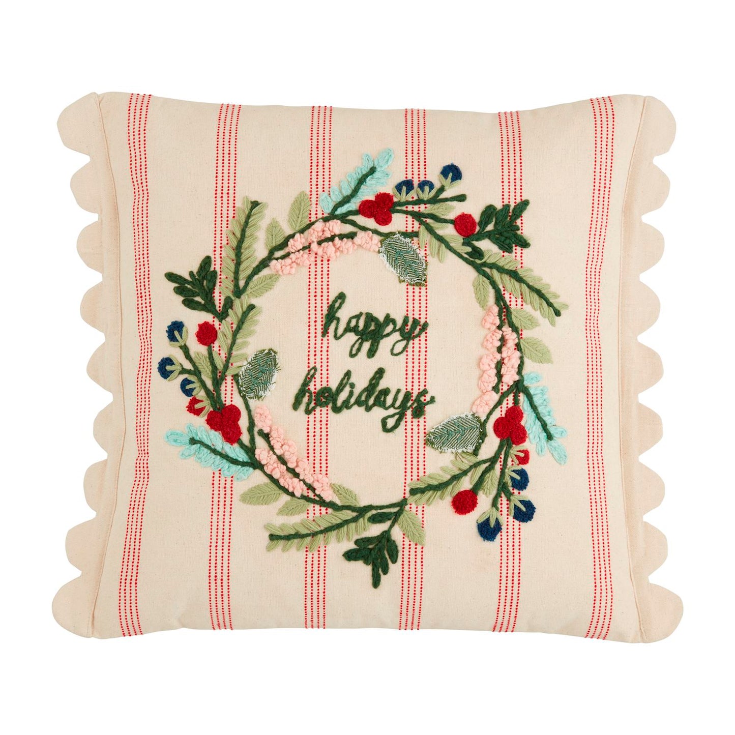 Mud Pie Wreath Striped Embroidery Pillow