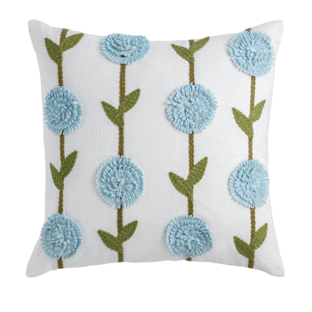 Decorative pillow with blue floral patterns on a white background