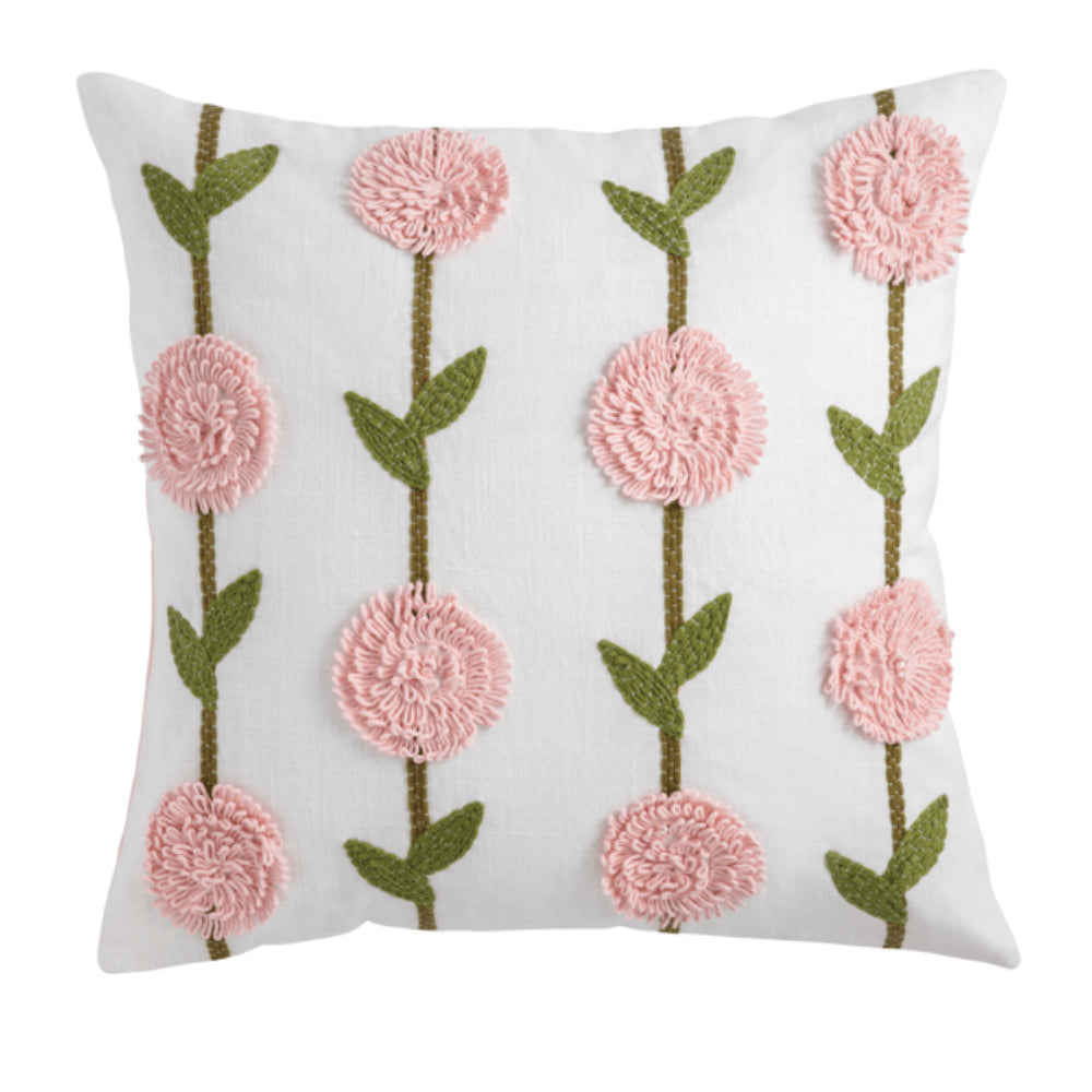 Decorative pillow with pink floral patterns on a white background