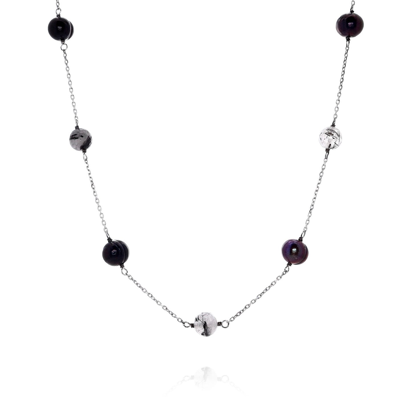 Honora Sterling Silver 18" Jet Ring Pearl and Rutile Station Necklace