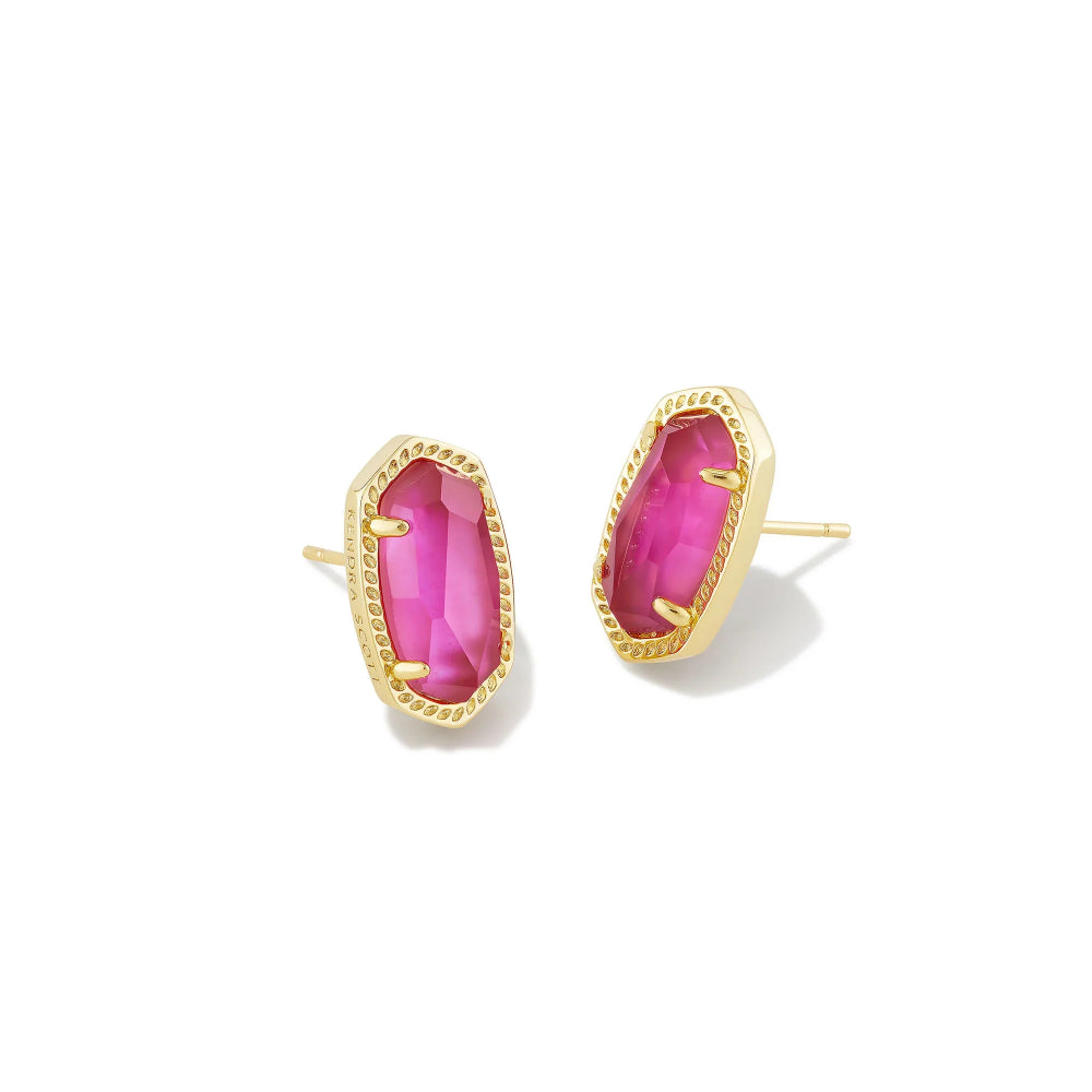 A pair of gold stud earrings featuring faceted pink gemstones in an irregular, elongated shape with a textured gold border, shown on a clean white background.