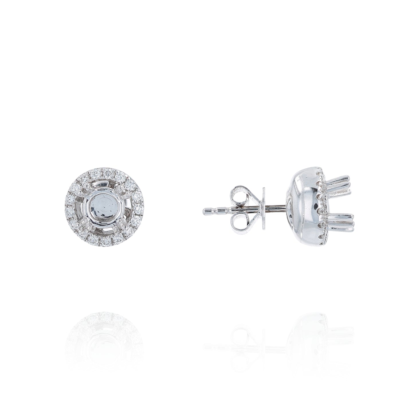 White gold diamond halo stud earring mountings on a white background