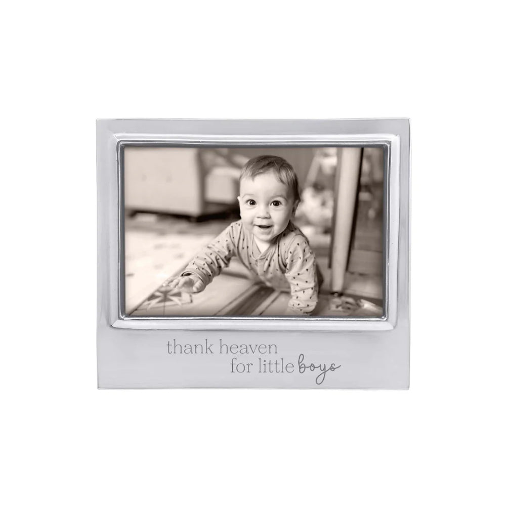 Silver photo frame with a baby picture and 'thank heaven for little boys' text on a white background.