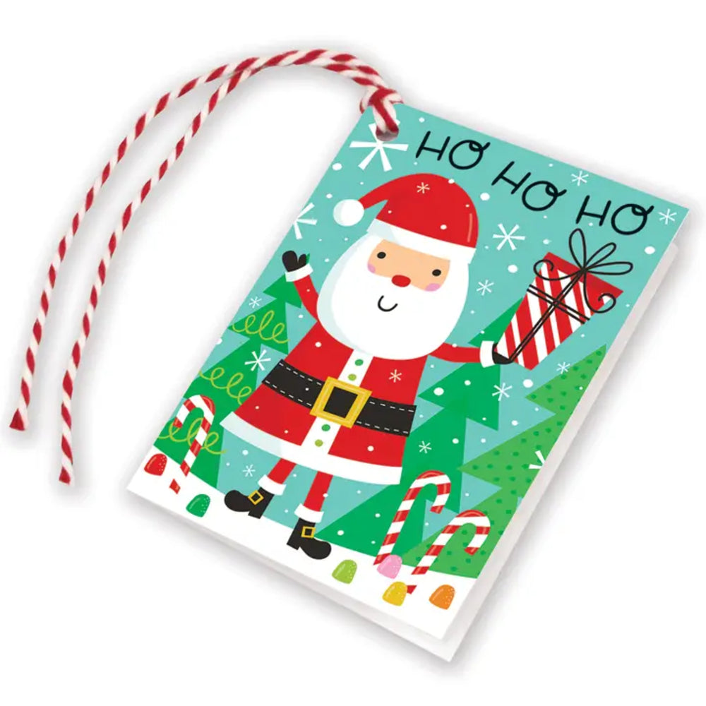 A Christmas greeting card with a red and white striped hanging string, featuring a cartoon Santa Claus, Christmas trees, candy canes, and the words 'HO HO HO' on a light blue background.