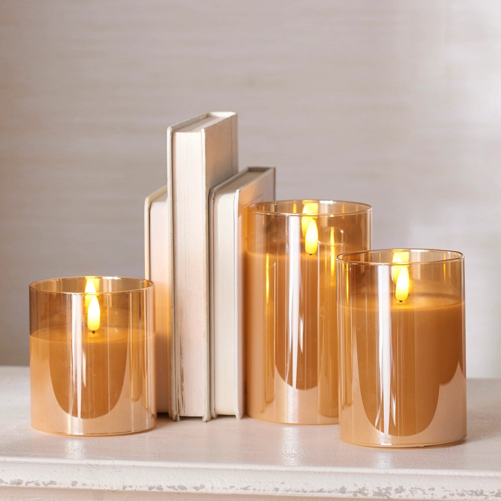 Raz Imports Battery Powered Gold Glass Ivory Pillar Candle-3.5" x 5"