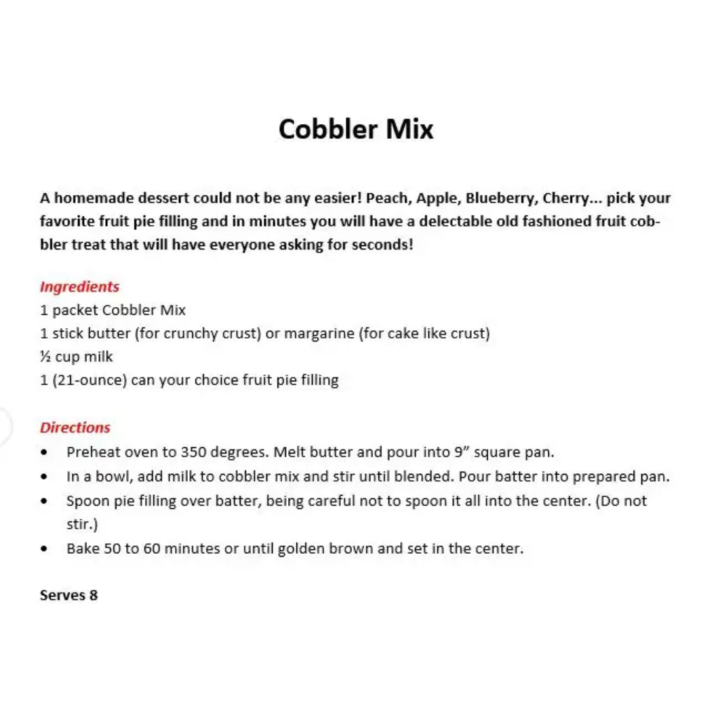 A recipe card for Cobbler Mix on a white background, detailing the ingredients and step-by-step directions for making a homemade fruit cobbler dessert.